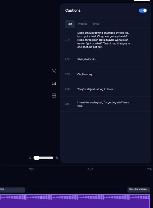 ZoneClip caption editor showing timed transcript lines beside the video timeline