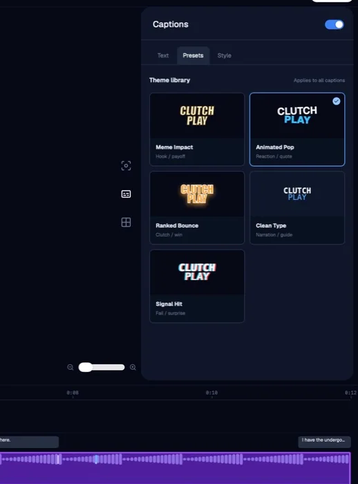 ZoneClip caption preset gallery showing several reusable gaming caption styles