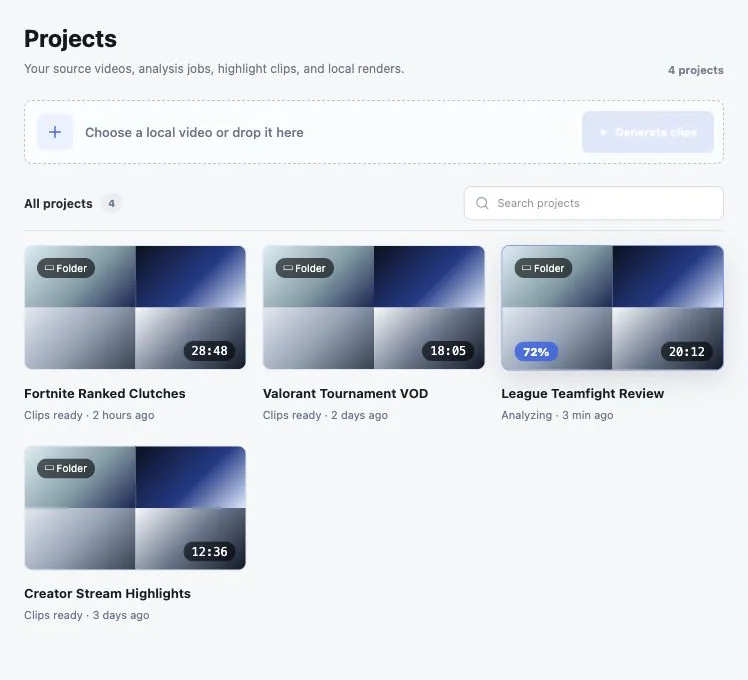 ZoneClip project library showing four local video projects and their analysis status