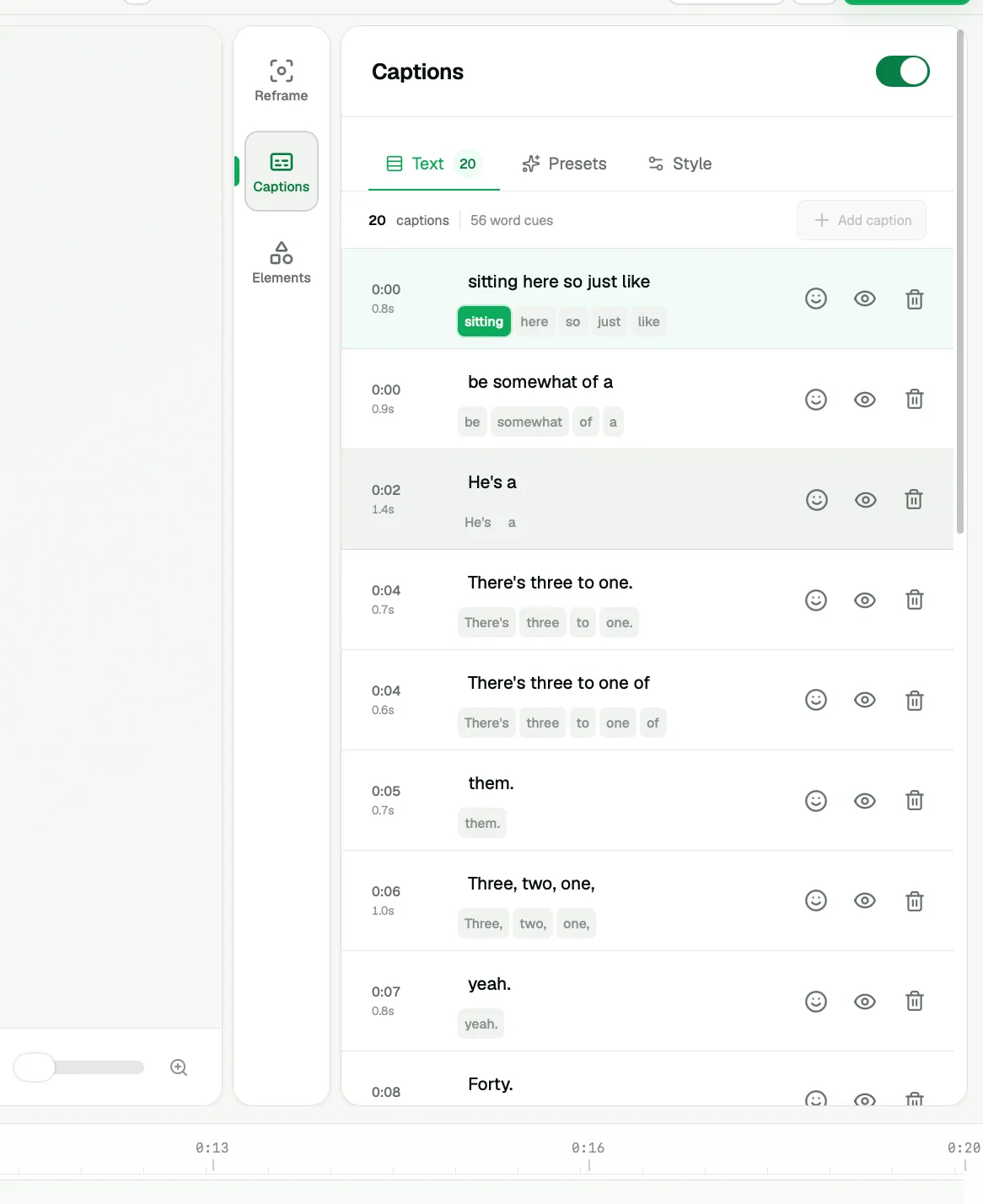 ZoneClip captions editor with twenty timed caption lines, word-level cues, visibility controls, presets, and style tabs