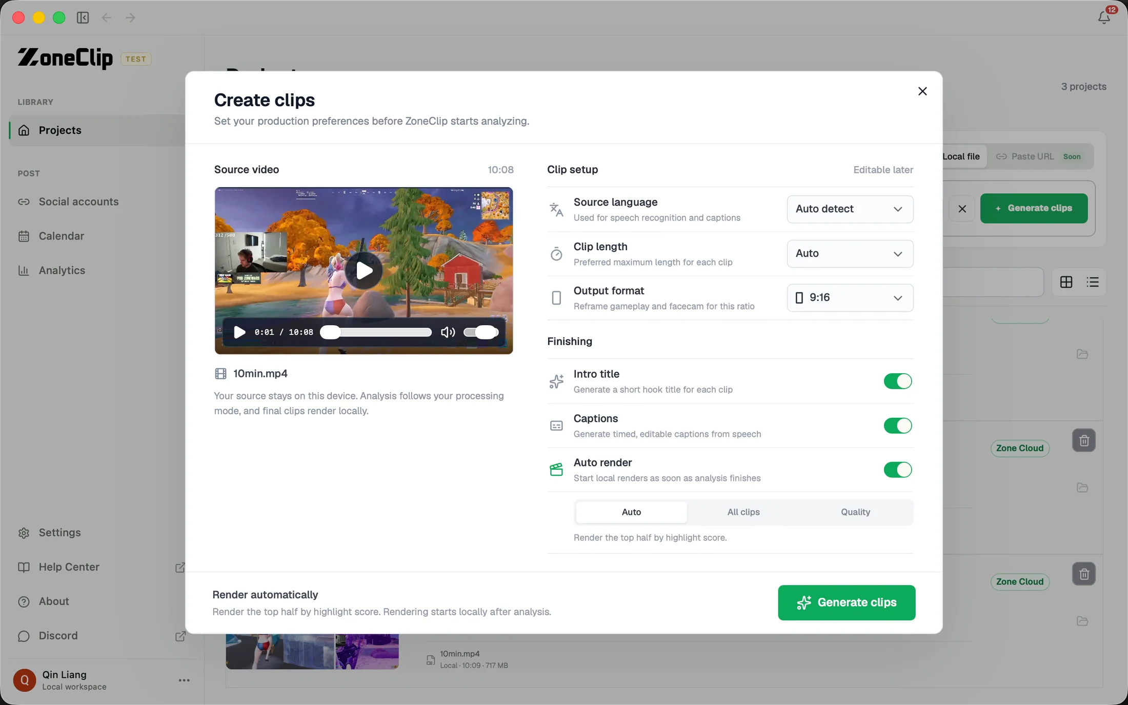 ZoneClip Create clips dialog with source language, clip length, vertical format, titles, captions, and automatic rendering preferences