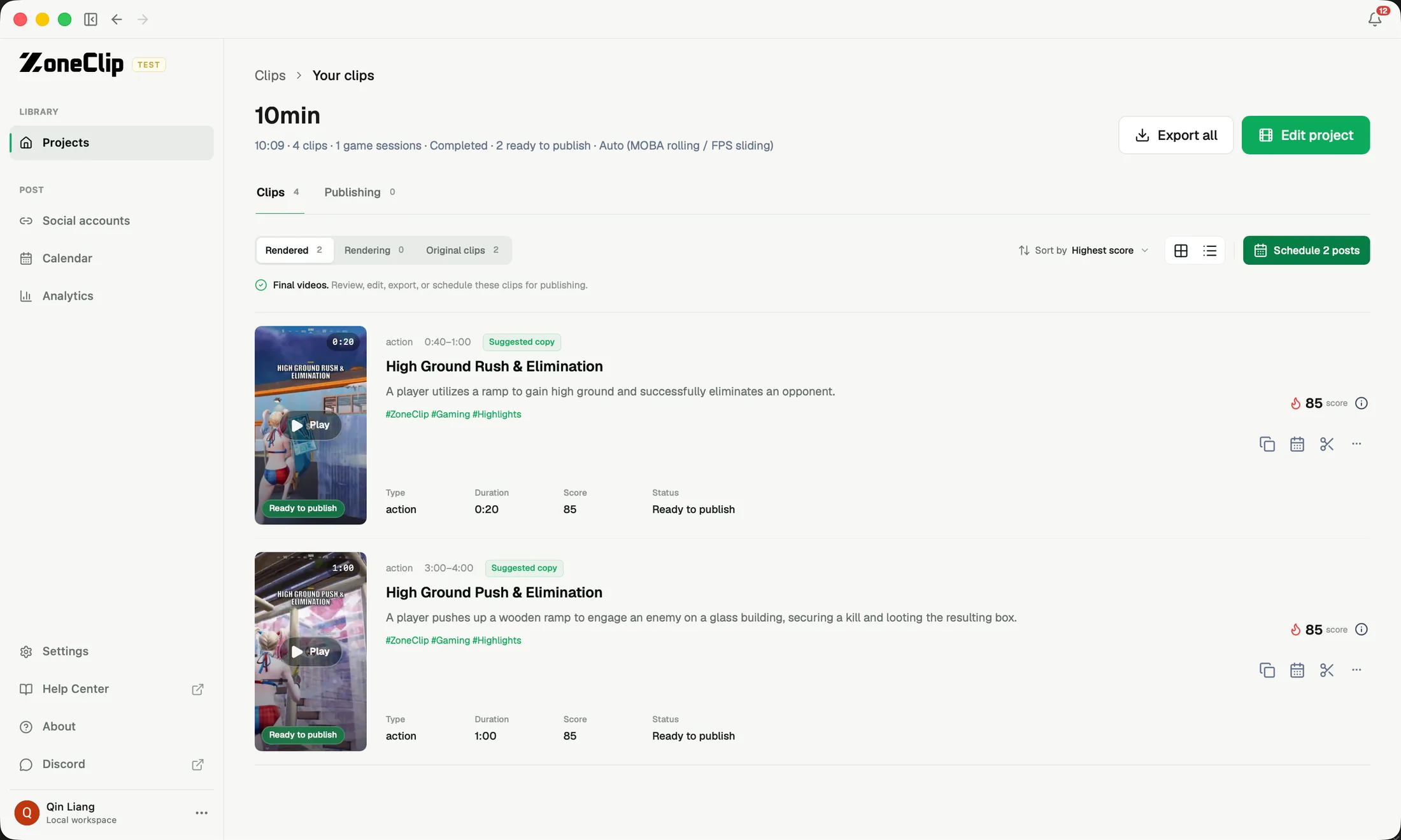 ZoneClip clip results with rendered Fortnite highlights, scores, suggested copy, durations, and ready-to-publish status