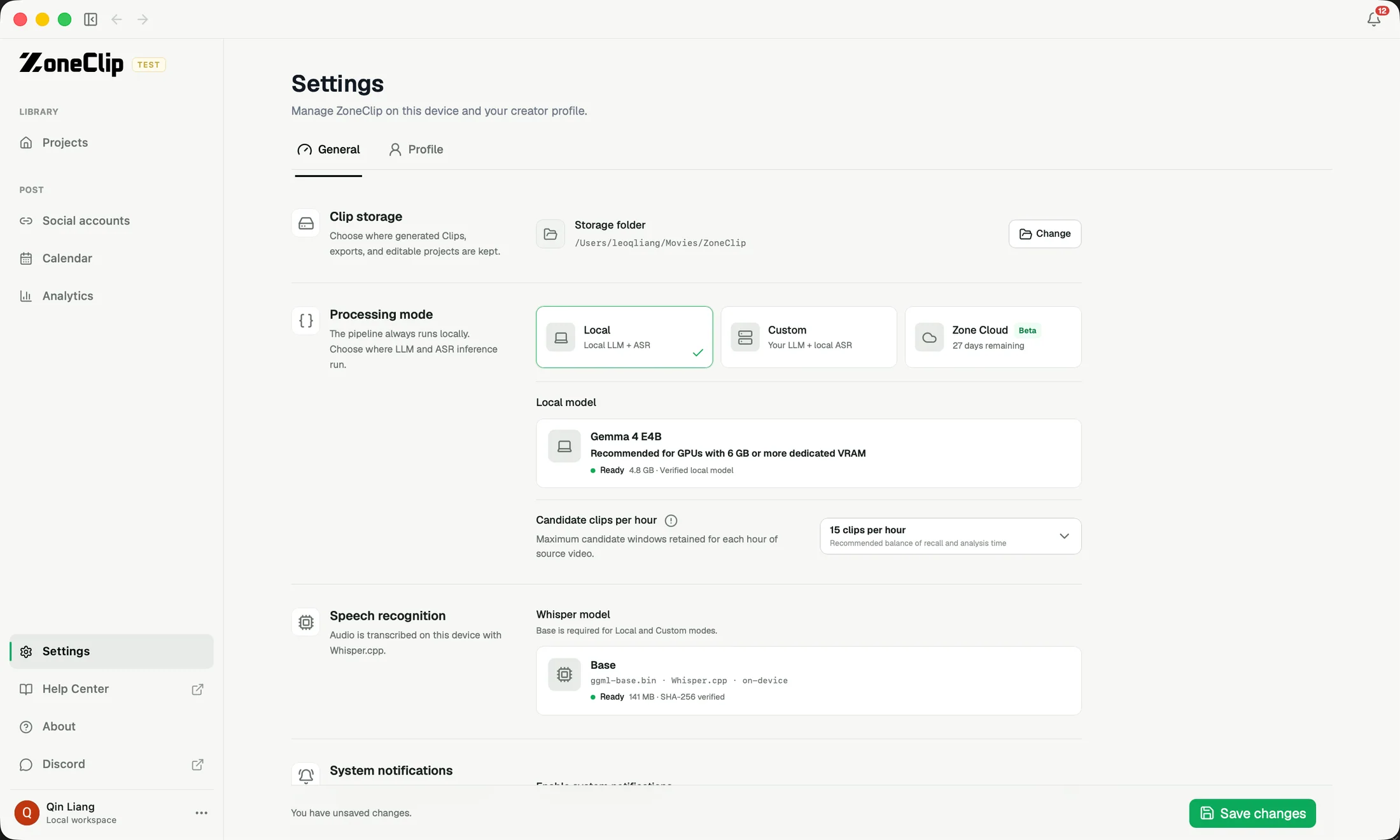 ZoneClip settings showing local, custom provider, and Zone Cloud processing modes with local language and speech models