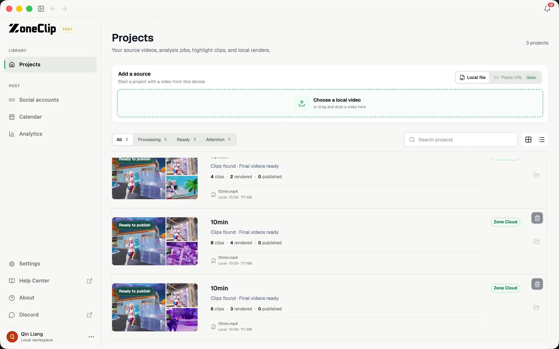 ZoneClip Projects workspace with three local Fortnite video projects ready for clipping and publishing
