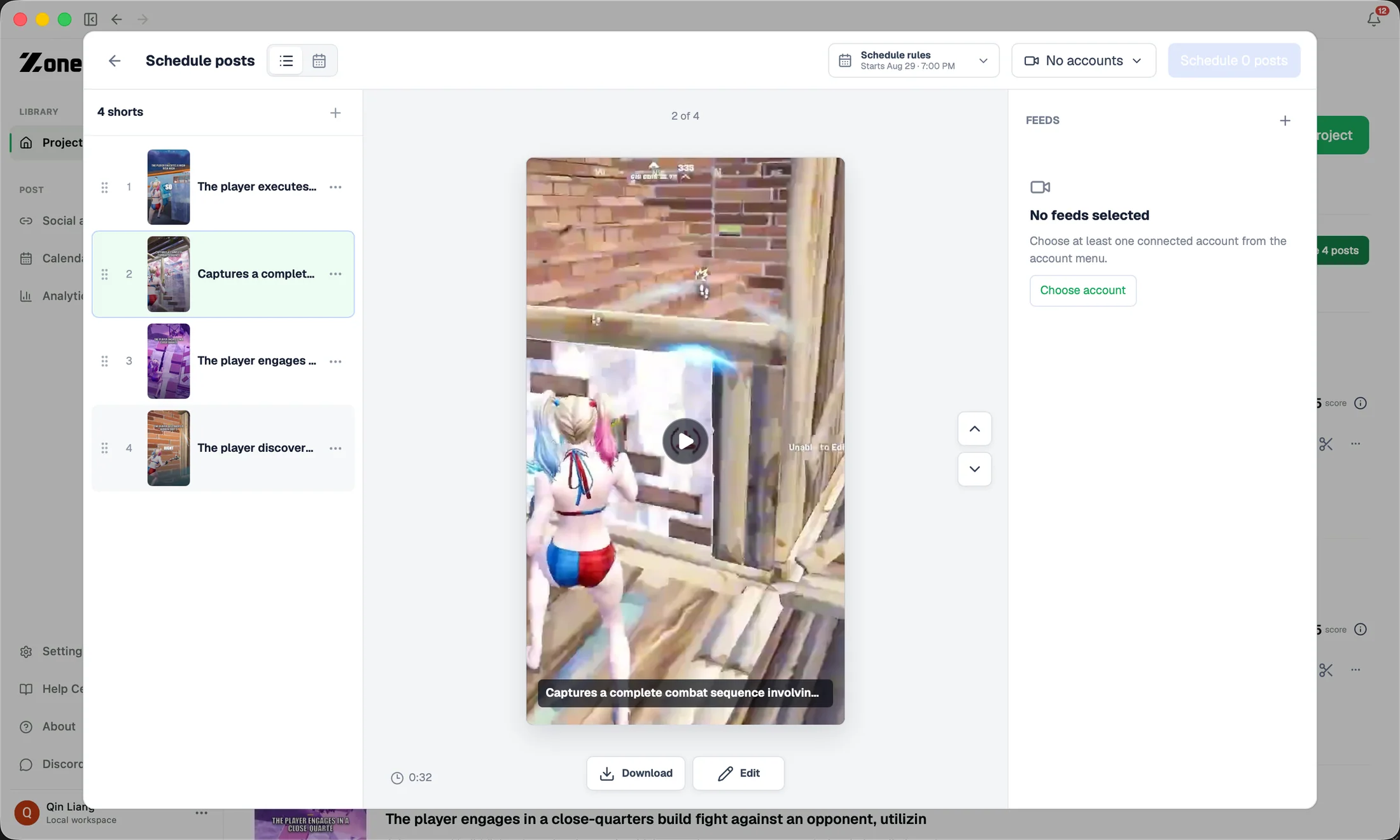 ZoneClip Schedule posts workspace with four vertical gaming clips, publishing rules, account selection, preview, download, and edit controls