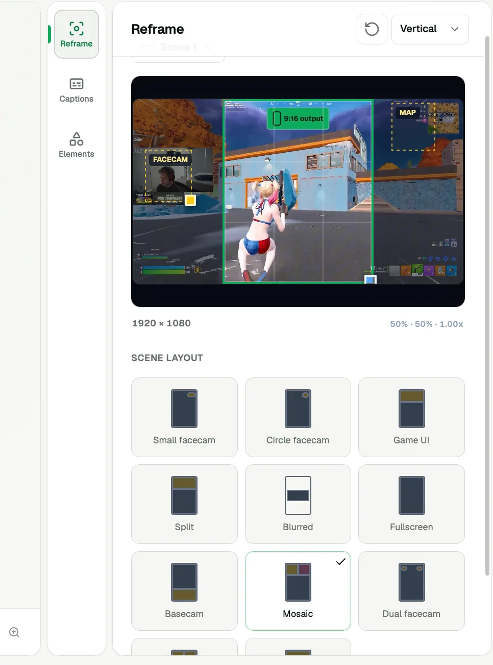ZoneClip Reframe panel showing facecam, game UI, split, blurred, fullscreen, mosaic, and dual facecam vertical layouts