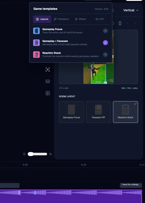 ZoneClip game template menu with gameplay focus, gameplay reaction, and reaction focus layouts