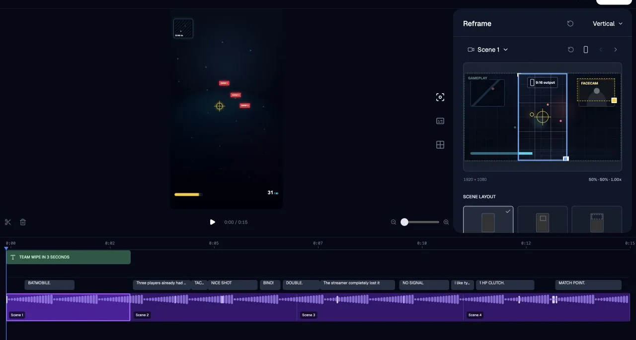 ZoneClip vertical video editor showing gameplay reframing, facecam layouts, and a multi-track timeline