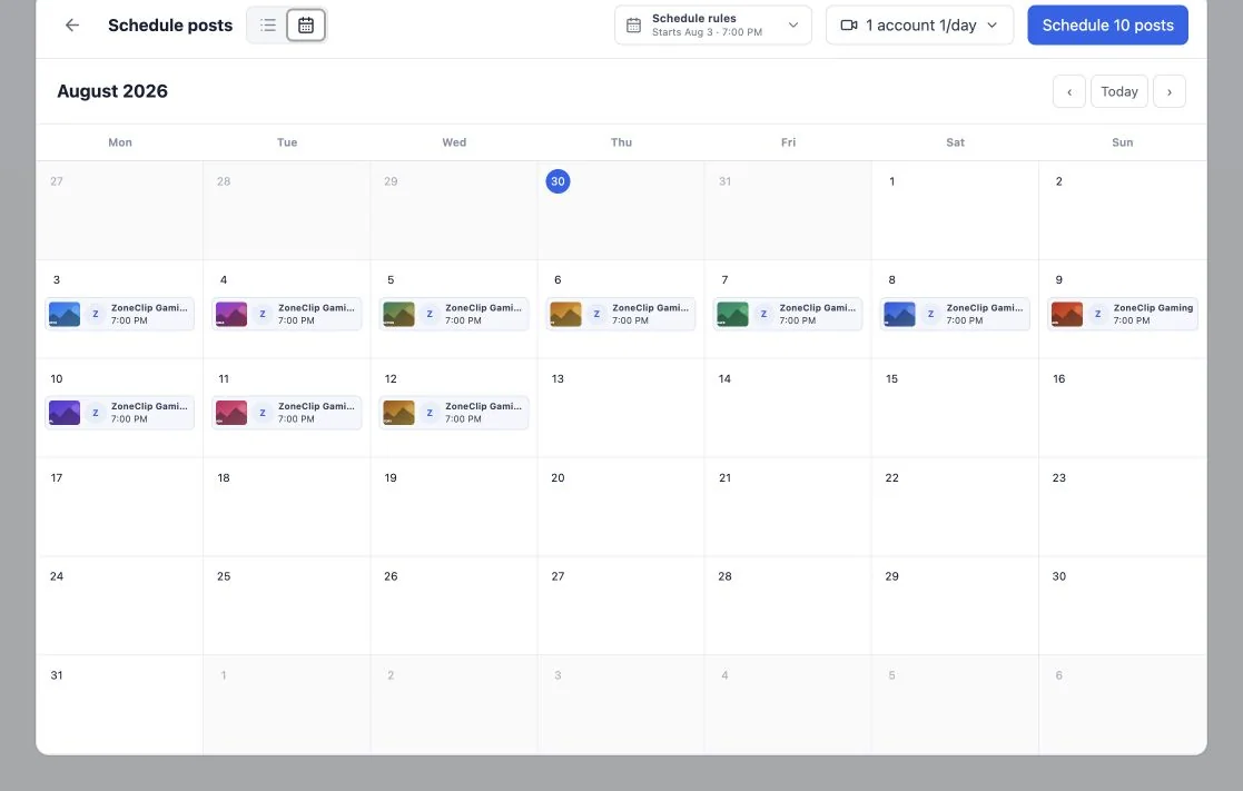 ZoneClip August 2026 publishing calendar populated with scheduled YouTube posts
