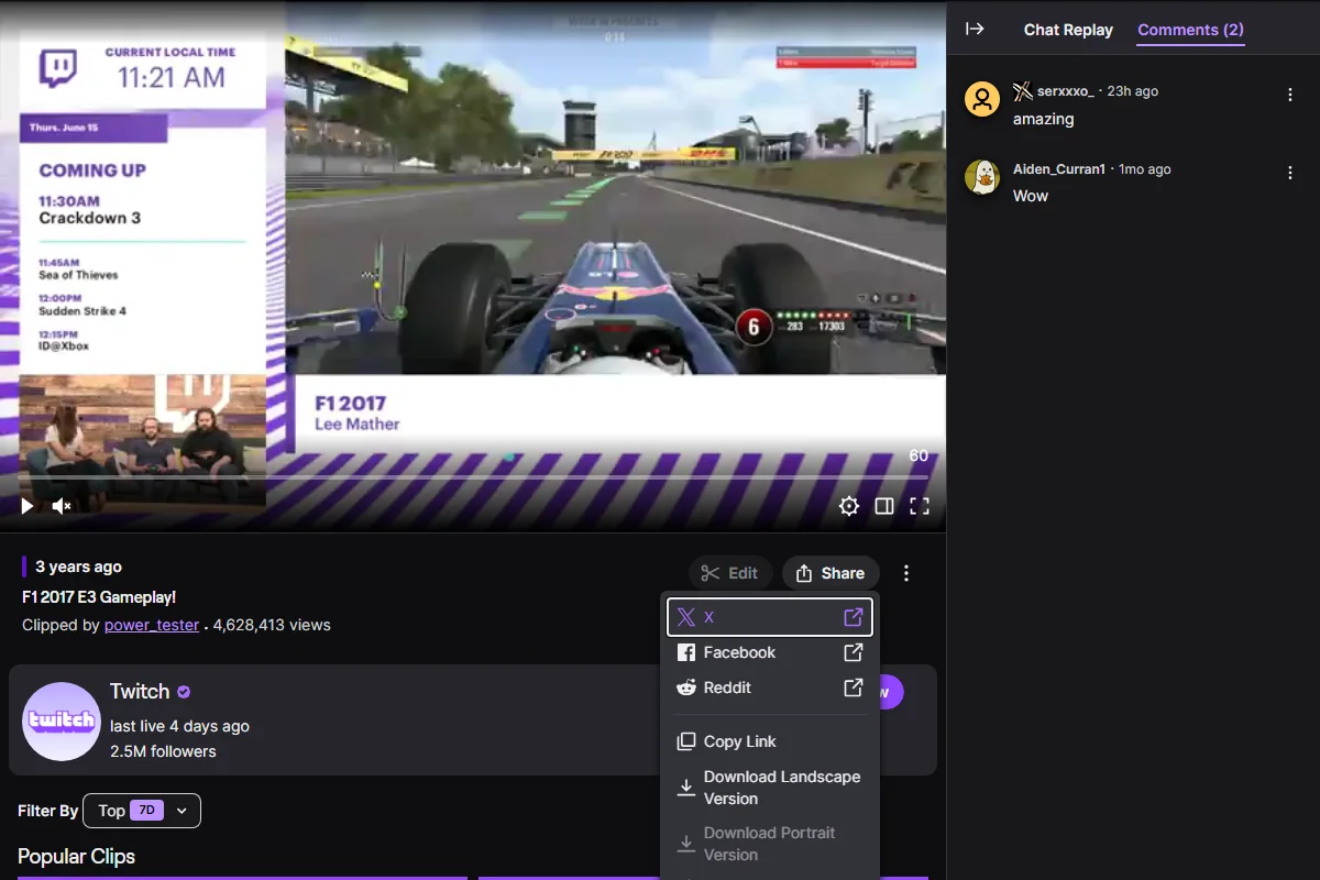 Twitch Clip page with the Share menu open and Copy Link visible