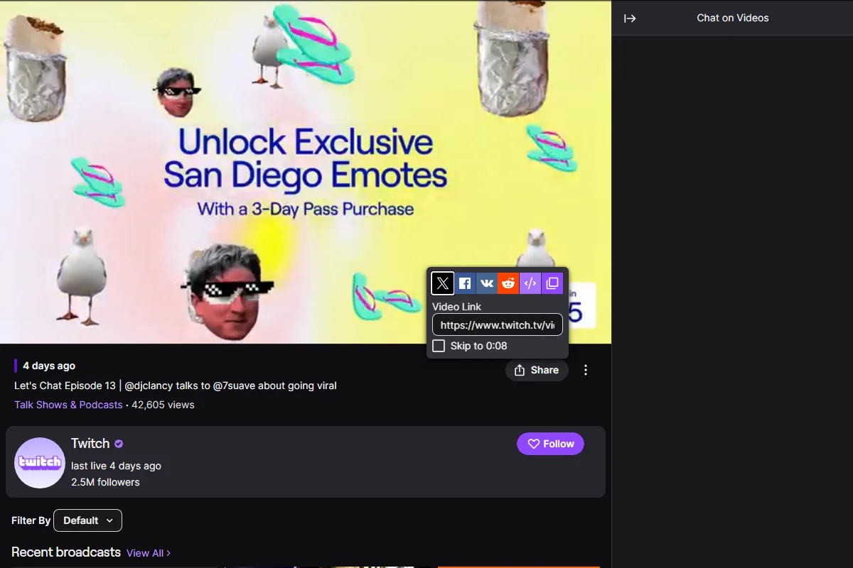 Twitch VOD page with the Share menu open and the Video Link field visible