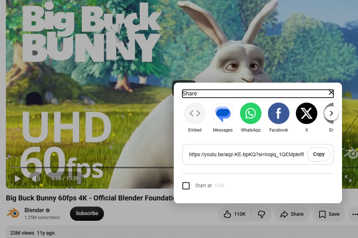 YouTube video page with the Share panel open and the Copy button visible